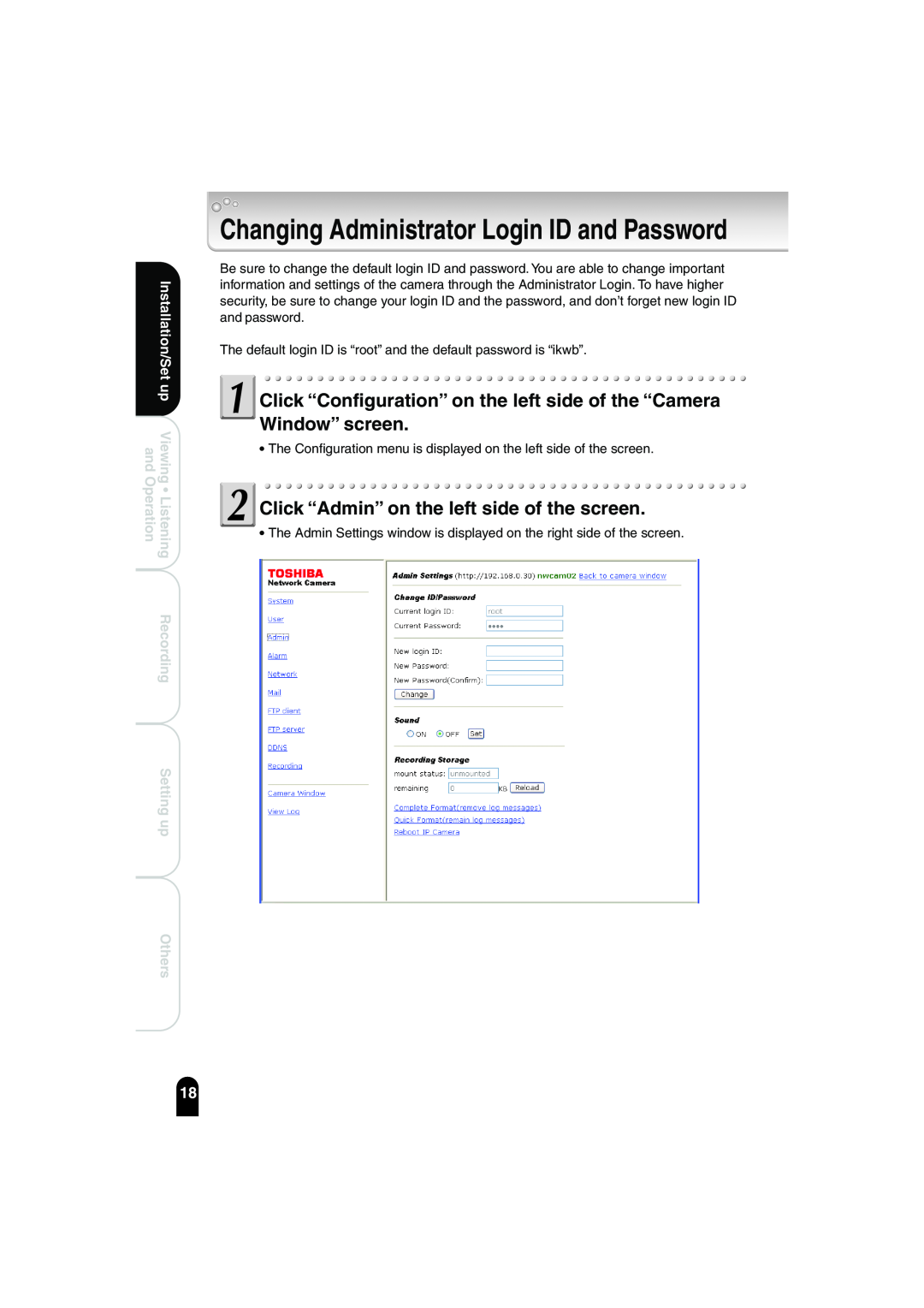 Toshiba IK-WB02A manual Changing Administrator Login ID and Password, Click “Admin” on the left side of the screen 