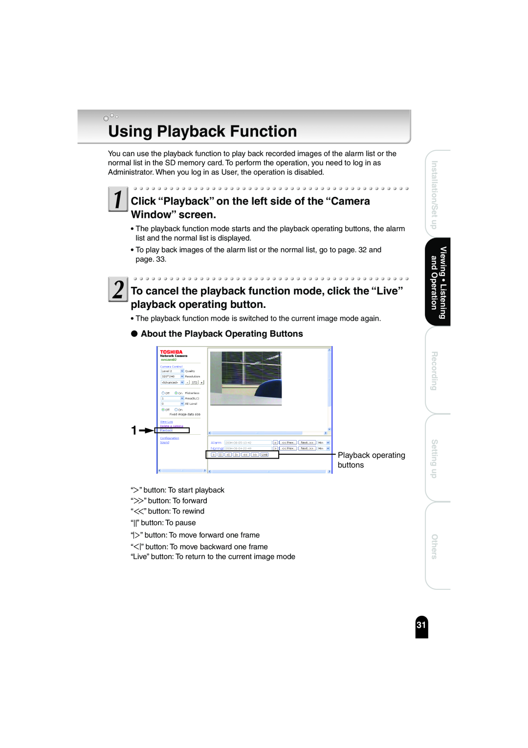 Toshiba IK-WB02A manual Using Playback Function, About the Playback Operating Buttons 
