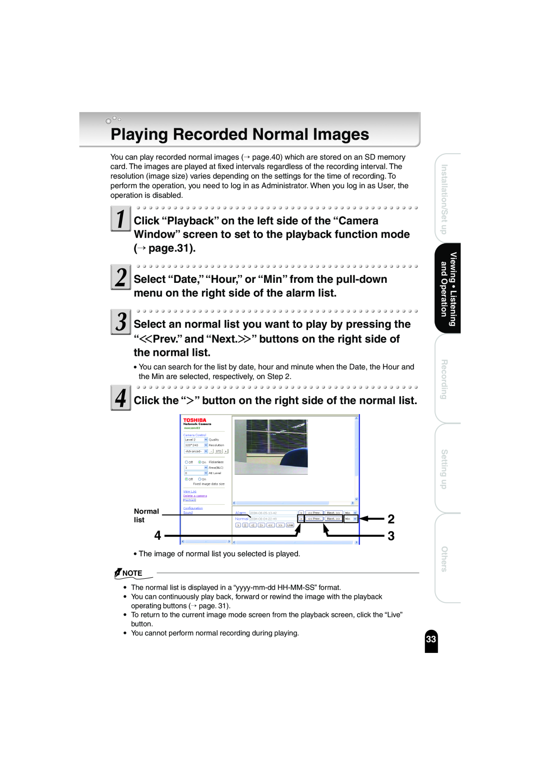Toshiba IK-WB02A manual Playing Recorded Normal Images, list 