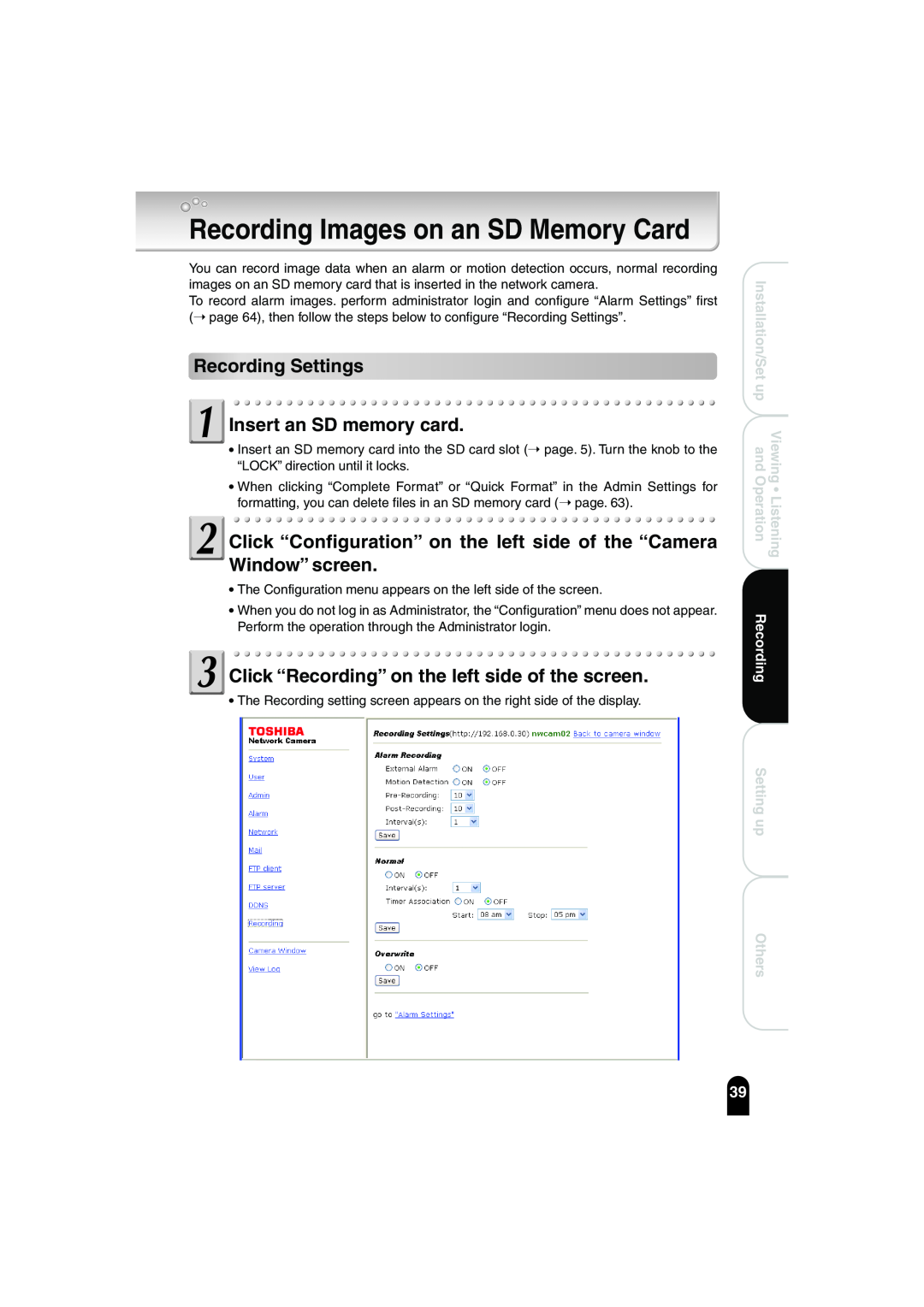 Toshiba IK-WB02A Recording Images on an SD Memory Card, Recording Settings Insert an SD memory card, Installation/Set up 