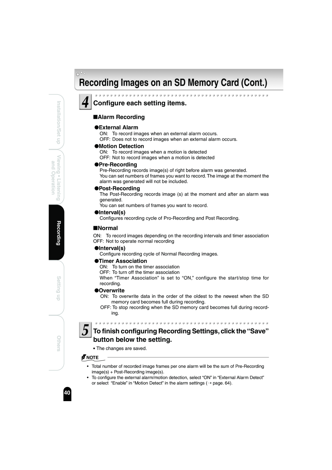 Toshiba IK-WB02A Recording Images on an SD Memory Card Cont, Configure each setting items, Alarm Recording, Normal, Others 