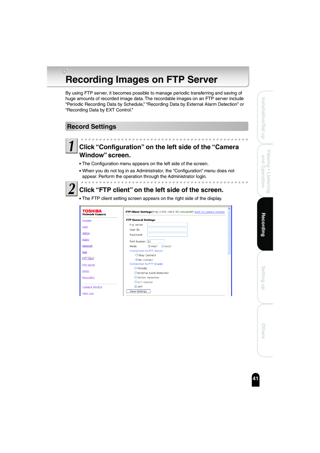 Toshiba IK-WB02A manual Recording Images on FTP Server, Record Settings, Click “FTP client” on the left side of the screen 