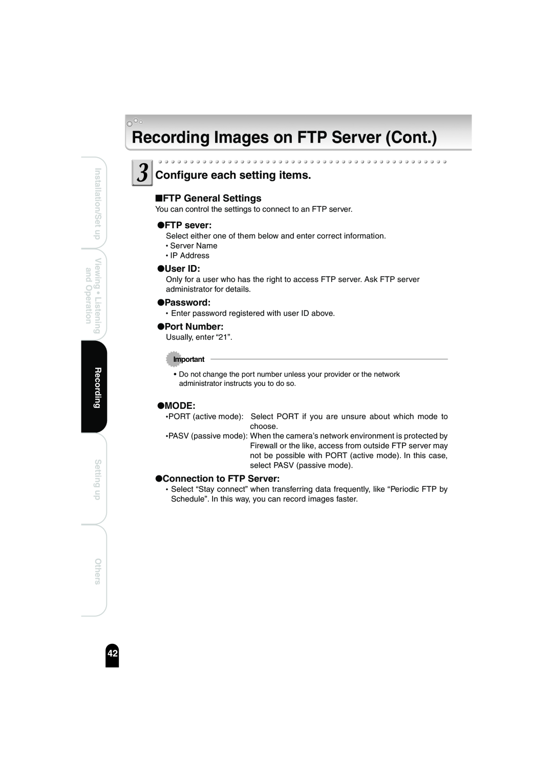 Toshiba IK-WB02A Recording Images on FTP Server Cont, FTP General Settings, FTP sever, User ID, Password, Port Number 
