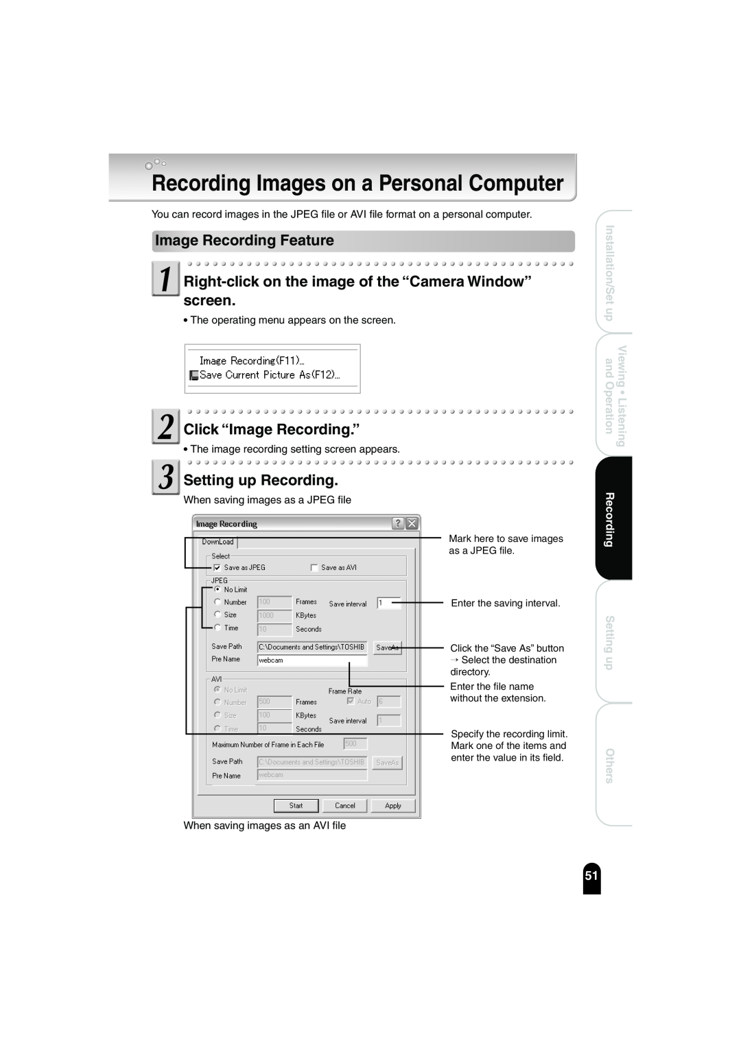 Toshiba IK-WB02A manual Recording Images on a Personal Computer, Image Recording Feature, Click “Image Recording.” 
