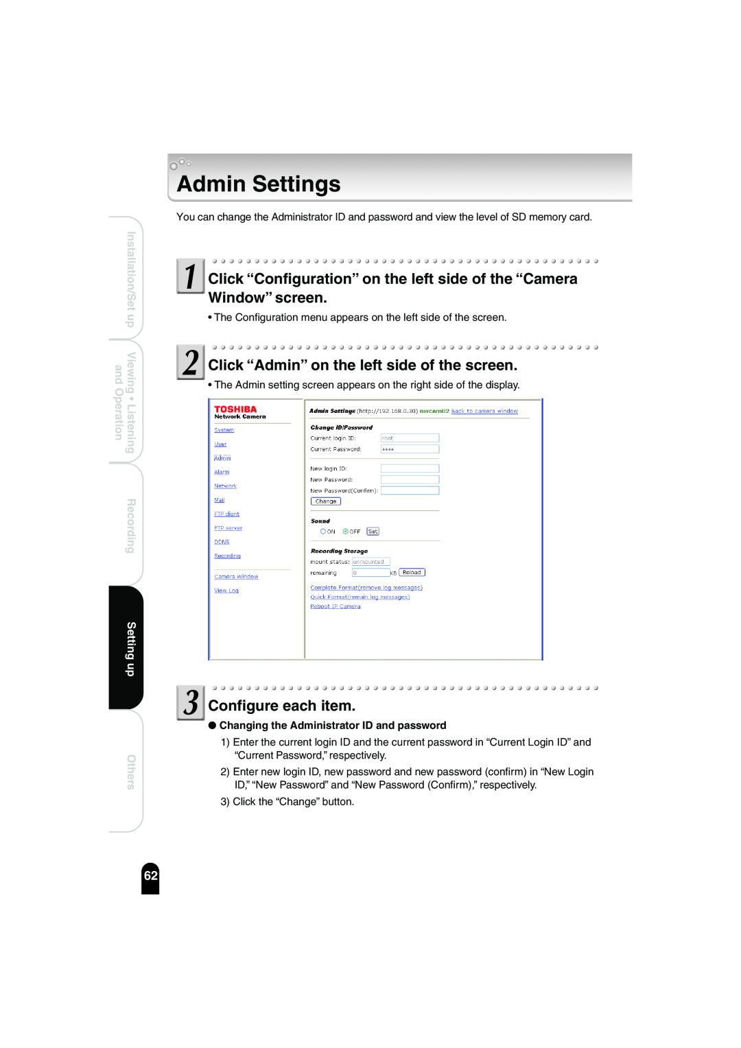 Toshiba IK-WB02A Admin Settings, Changing the Administrator ID and password, Click “Admin” on the left side of the screen 