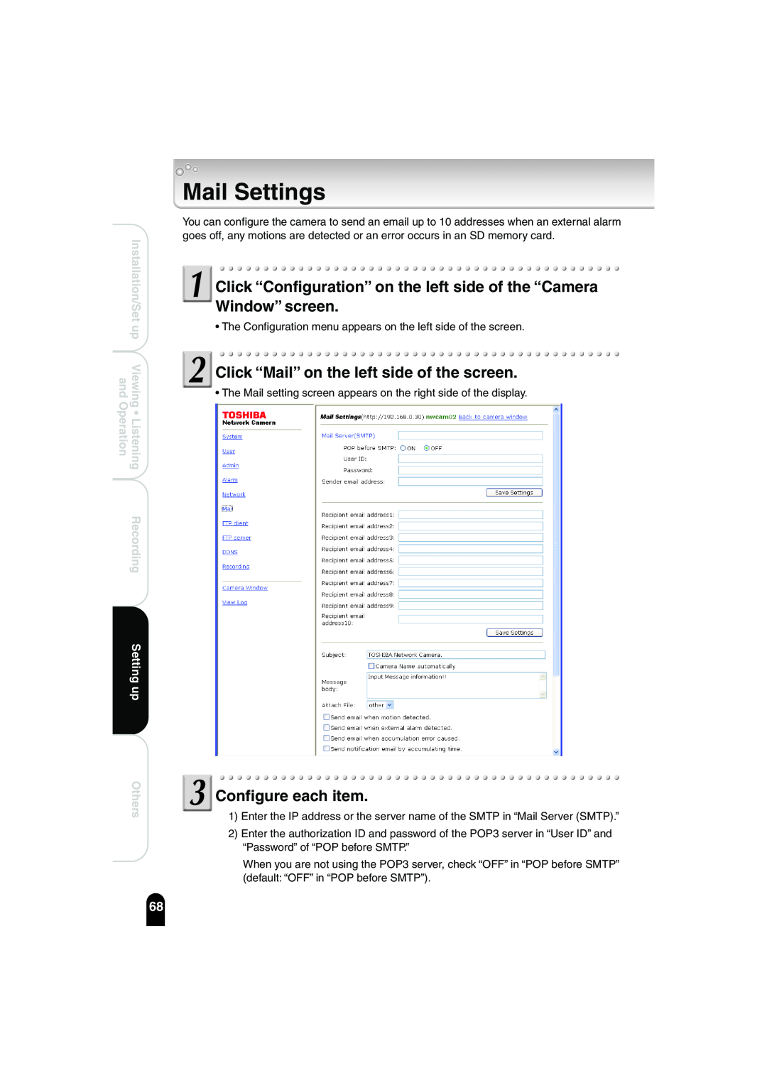 Toshiba IK-WB02A Mail Settings, Click “Mail” on the left side of the screen, Configure each item, Installation/Set up 