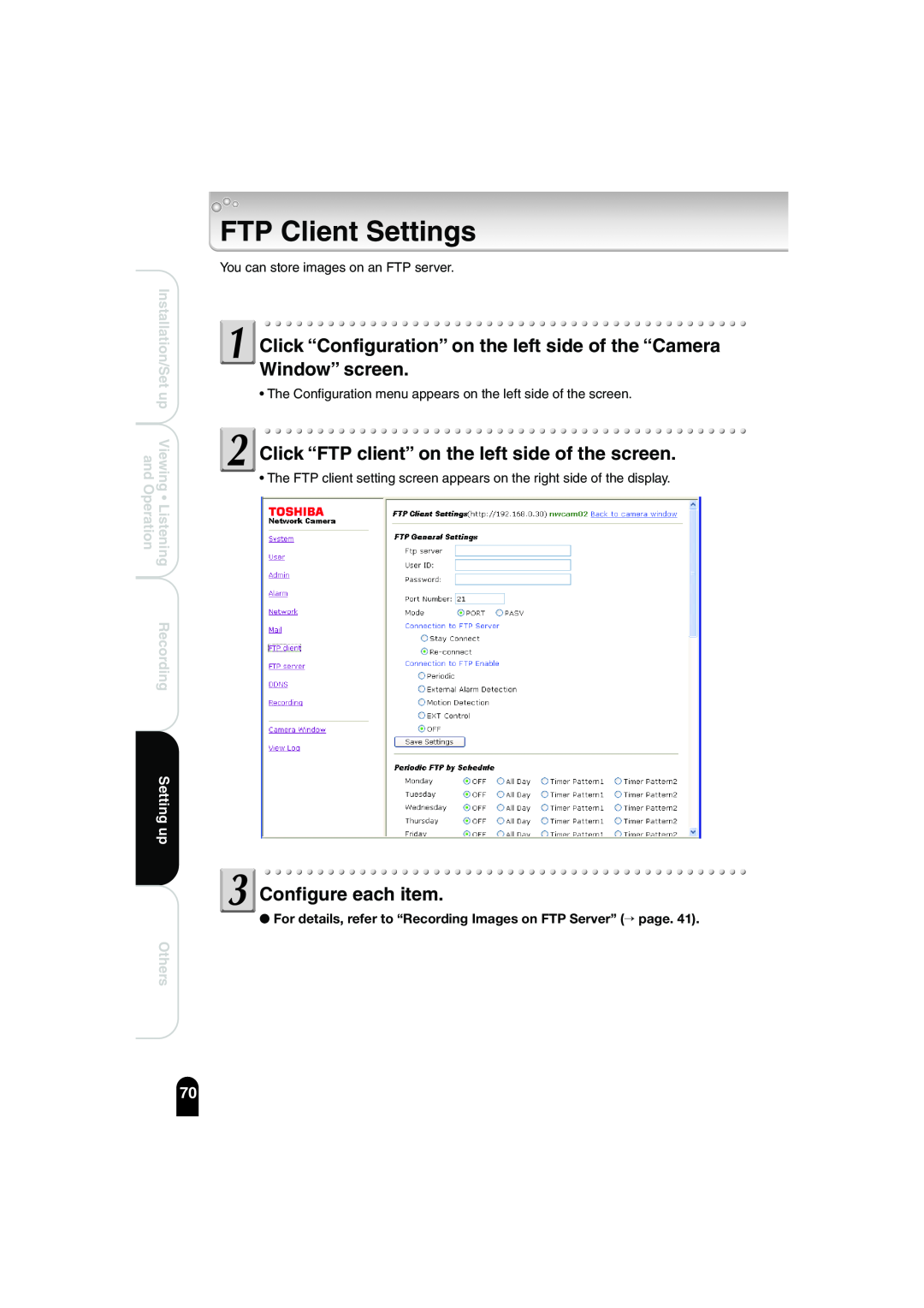 Toshiba IK-WB02A FTP Client Settings, Click “FTP client” on the left side of the screen, Configure each item, Recording 