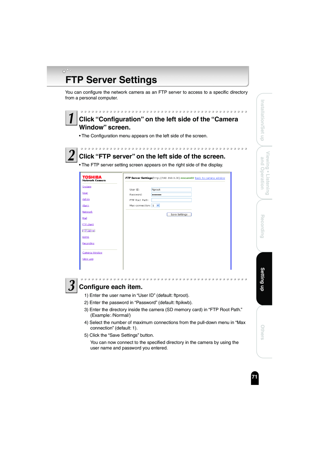 Toshiba IK-WB02A FTP Server Settings, Click “FTP server” on the left side of the screen, Configure each item, Recording 