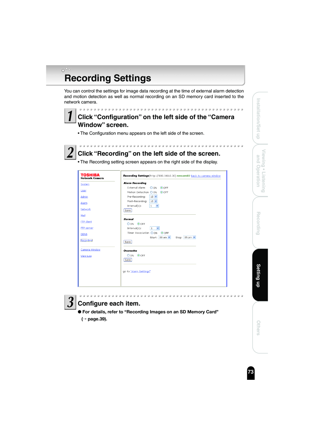 Toshiba IK-WB02A Recording Settings, Click “Recording” on the left side of the screen, Configure each item, Setting up 