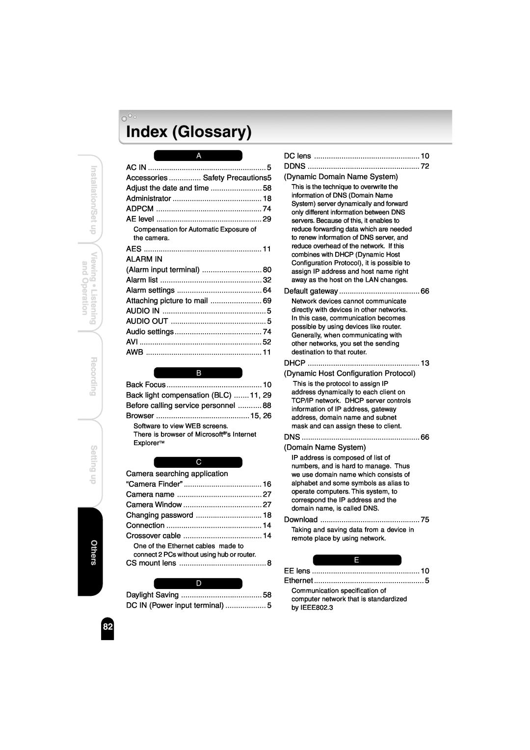 Toshiba IK-WB02A manual Index Glossary, Installation/Set up, Recording Setting up Others 
