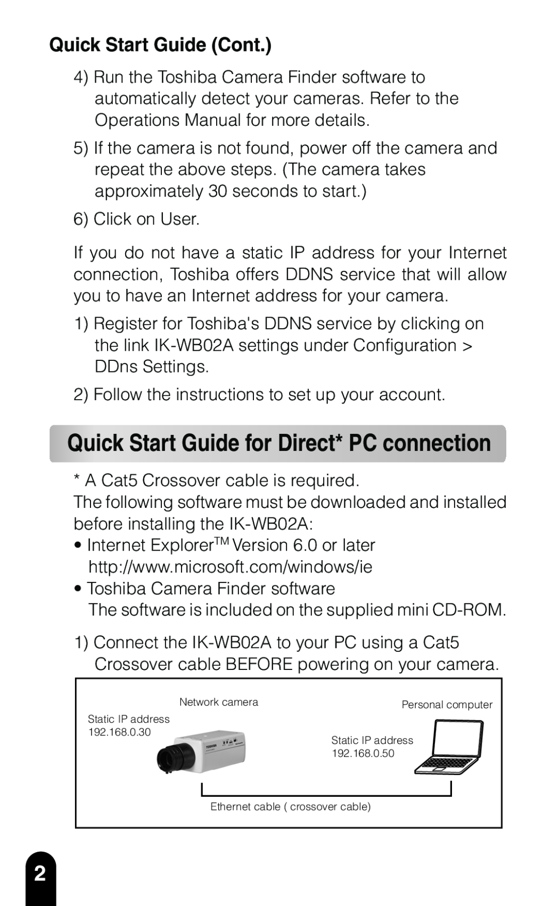 Toshiba IK-WB02A quick start Quick Start Guide Cont, Quick Start Guide for Direct* PC connection 
