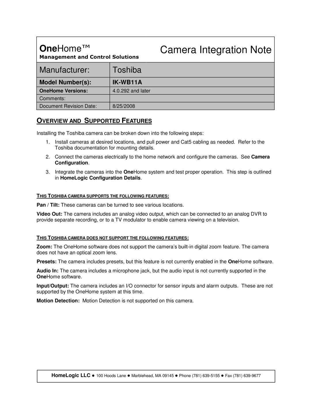 Toshiba IK-WB11A manual Camera Integration Note, Manufacturer Toshiba, Overview and Supported Features, OneHome Versions 