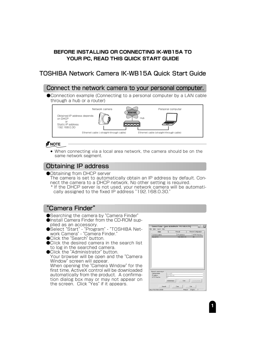 Toshiba IK-WB15A manual Obtaining IP address, Camera Finder 