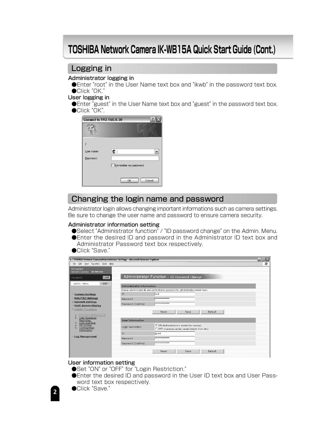 Toshiba IK-WB15A manual Logging, Changing the login name and password 