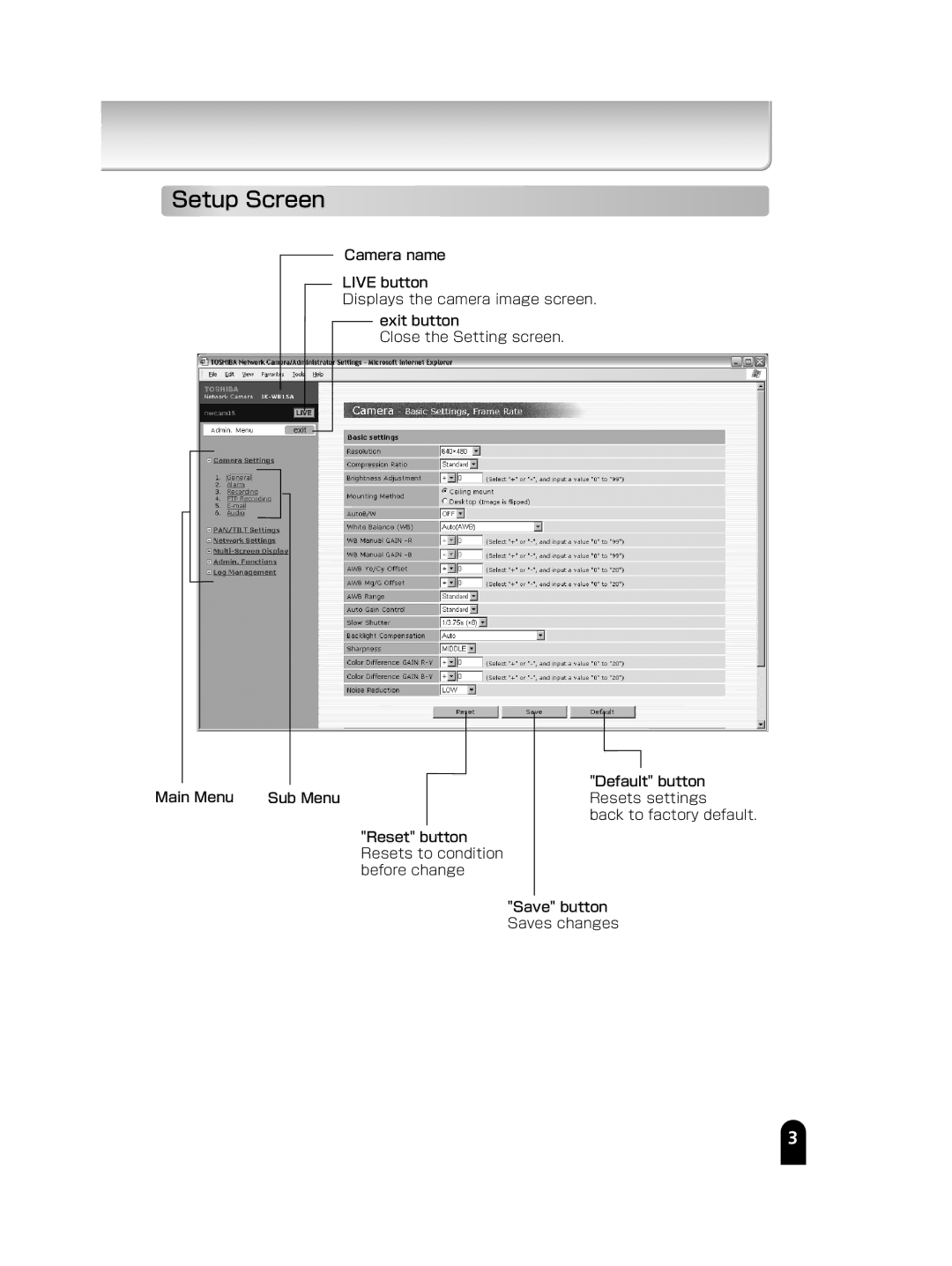 Toshiba IK-WB15A manual Setup Screen 