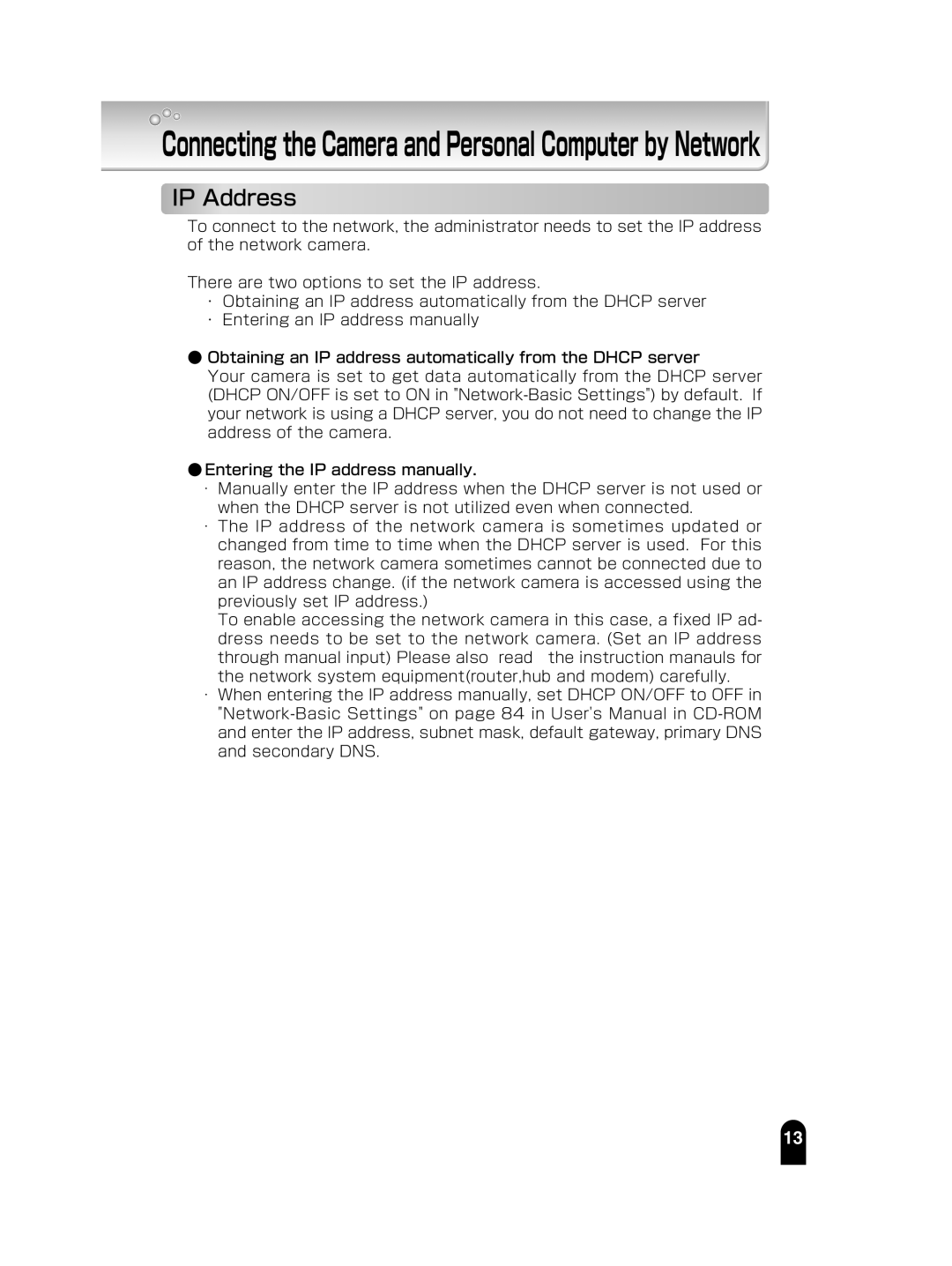 Toshiba IK-WB15A manual Connecting the Camera and Personal Computer by Network, IP Address 