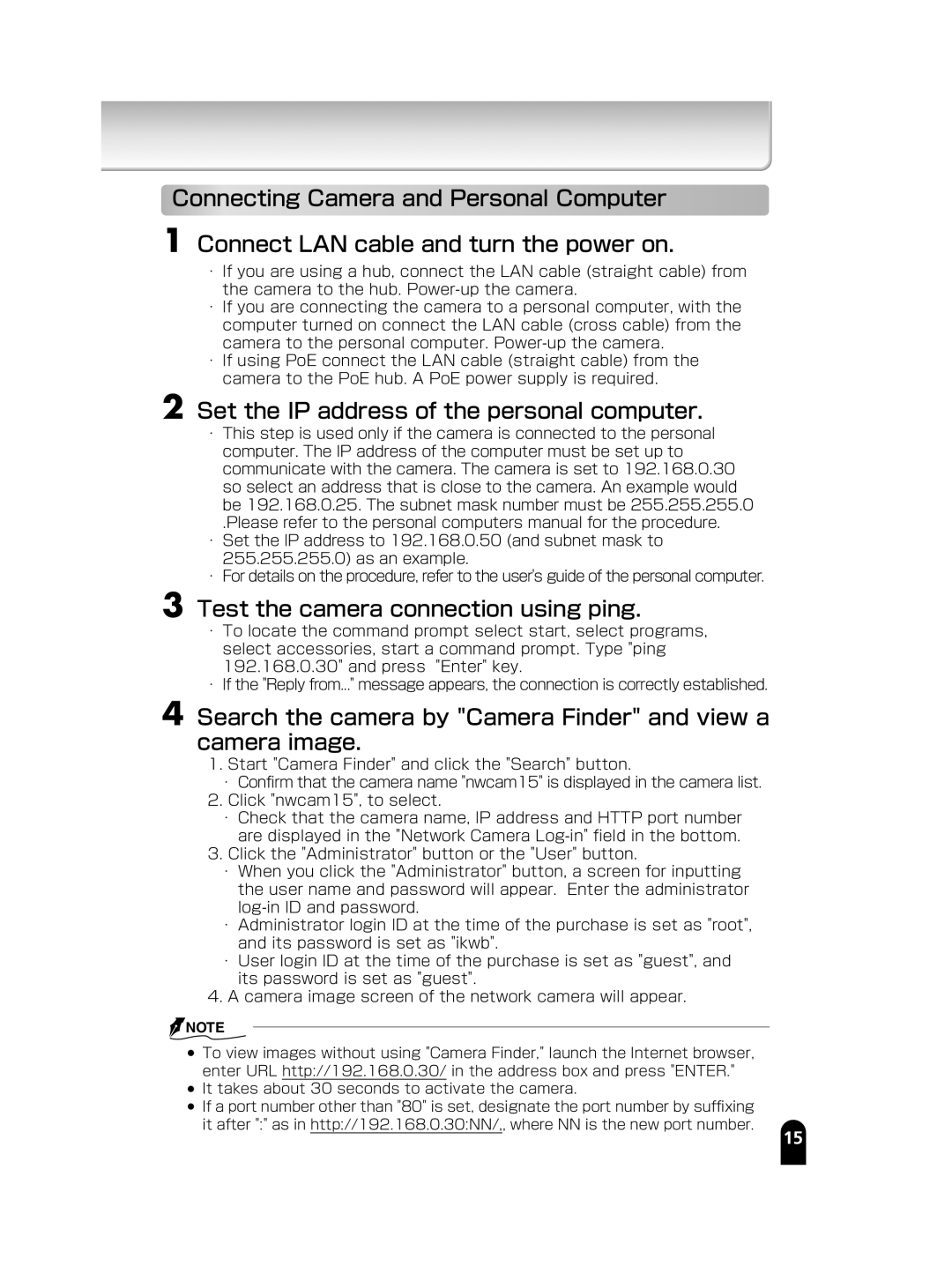 Toshiba IK-WB15A manual Set the IP address of the personal computer, Test the camera connection using ping 