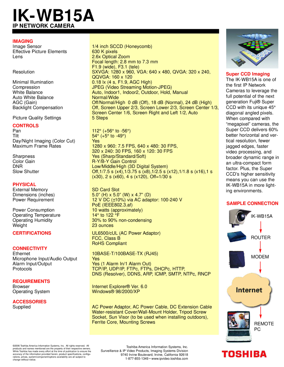 Toshiba IK-WB15AIP Imaging, Controls, Physical, Certifications, Connectivity, Requirements, Accessories, Sample Connection 