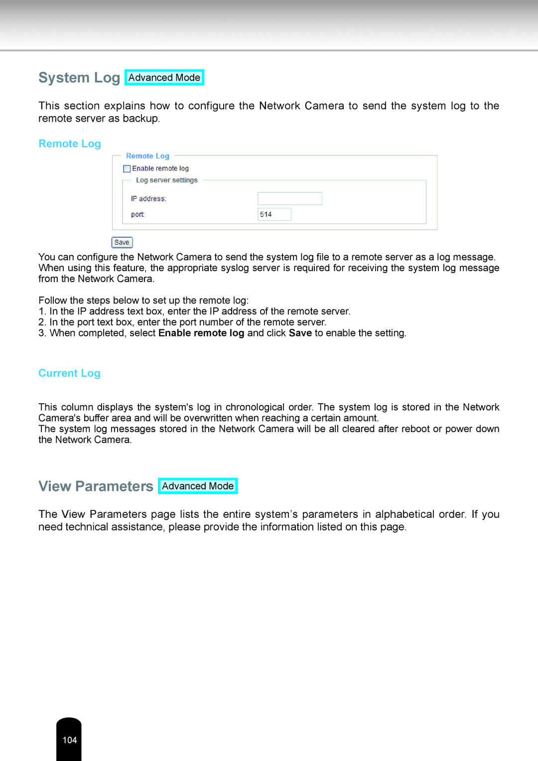 Toshiba IK-WB16A-W user manual System Log, View Parameters, Remote Log, Current Log 