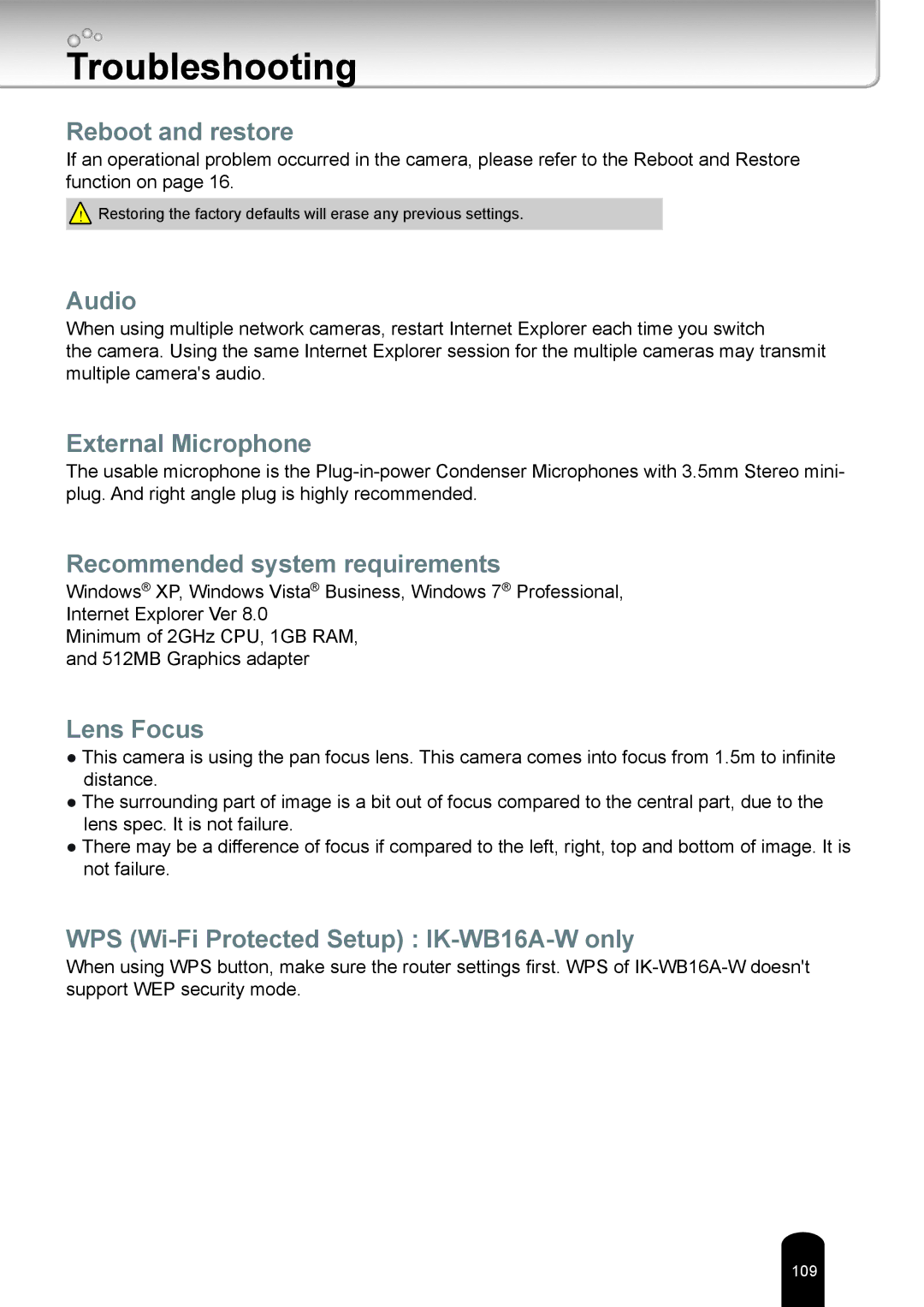 Toshiba IK-WB16A-W user manual Troubleshooting 