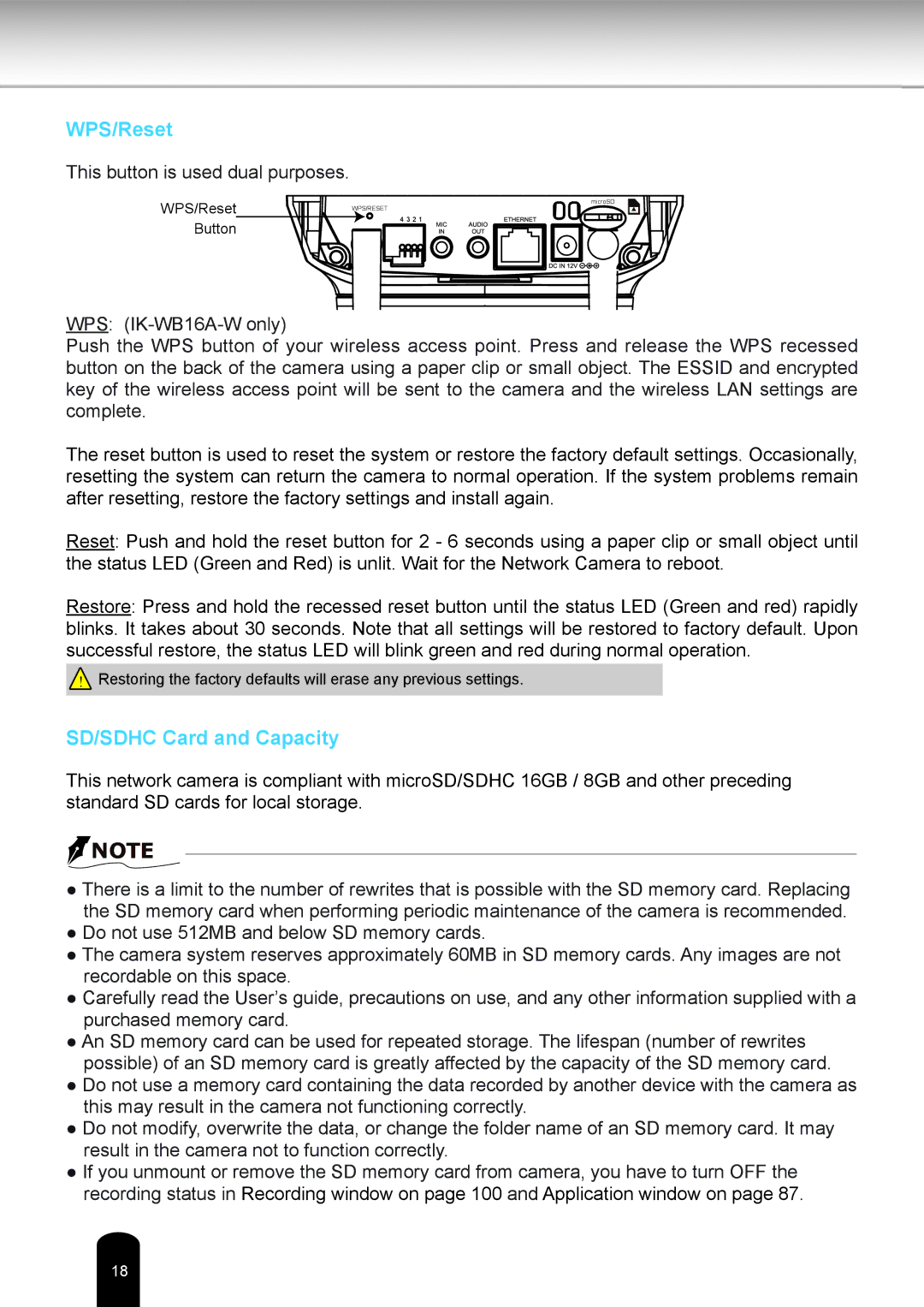 Toshiba IK-WB16A-W user manual WPS/Reset 