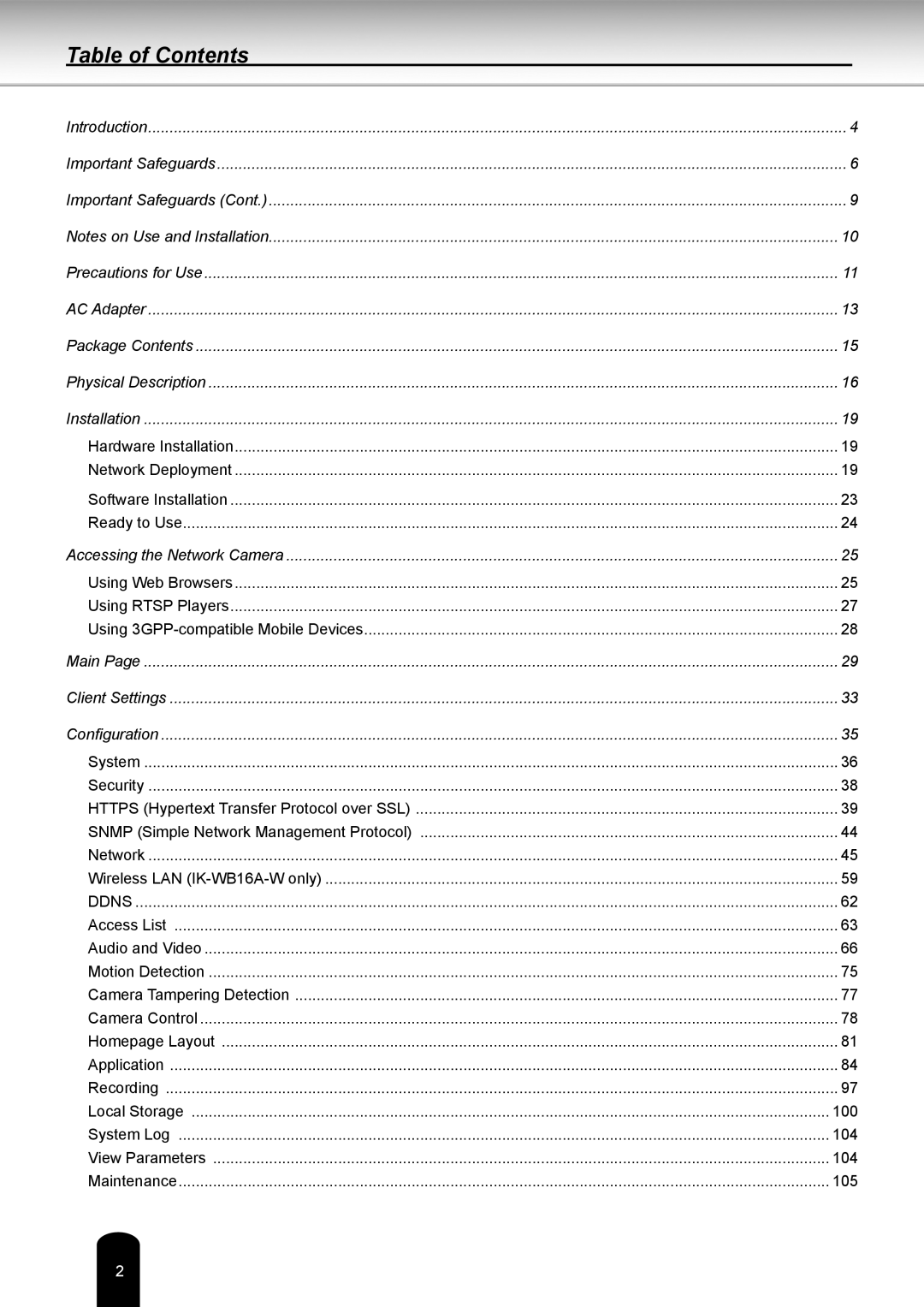 Toshiba IK-WB16A-W user manual Table of Contents 