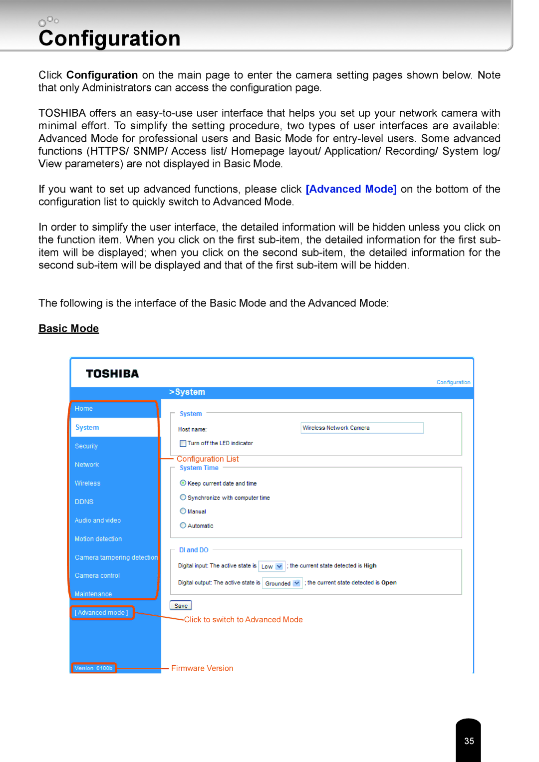 Toshiba IK-WB16A-W user manual Configuration 