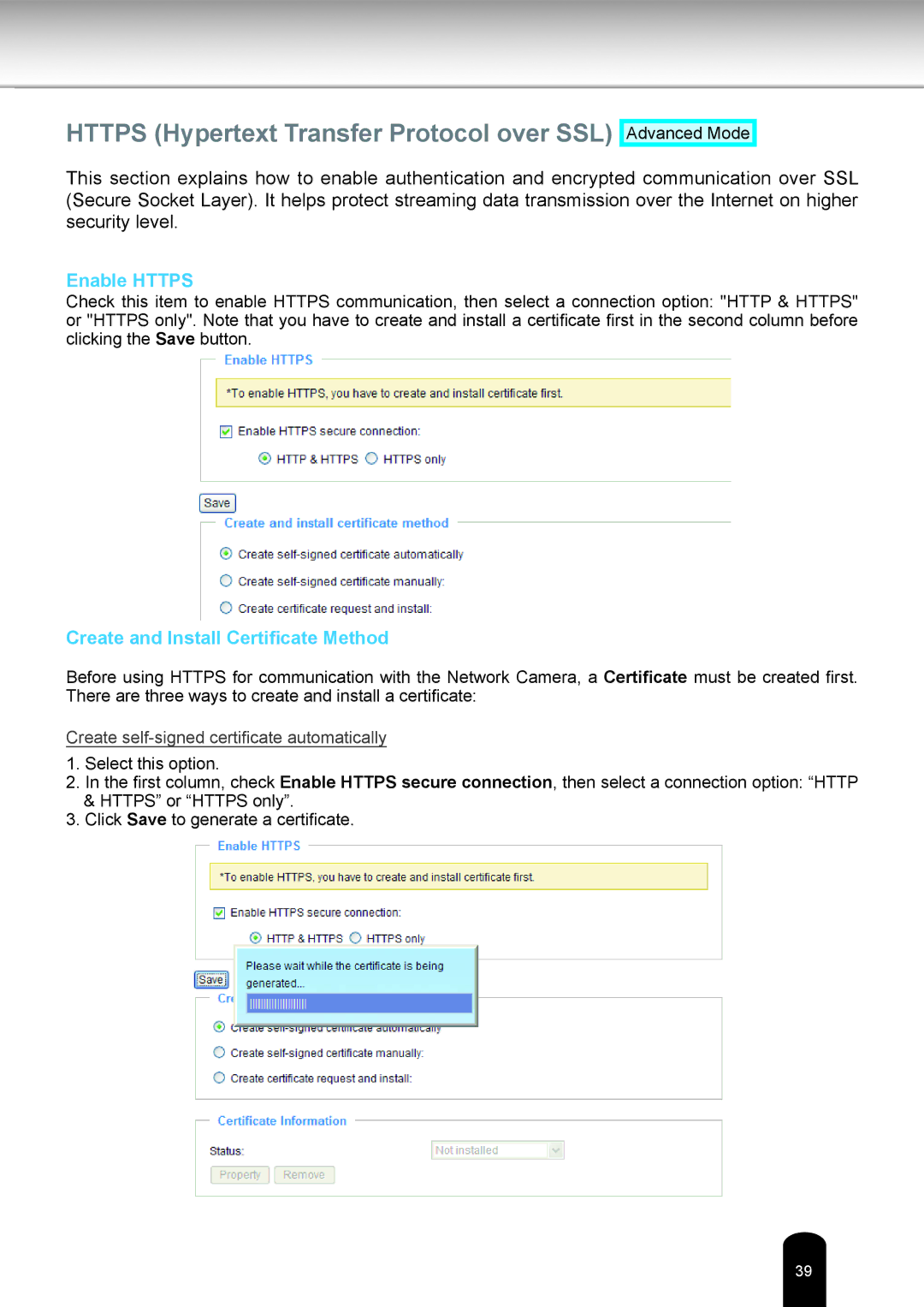 Toshiba IK-WB16A Https Hypertext Transfer Protocol over SSL, Enable Https, Create and Install Certificate Method 