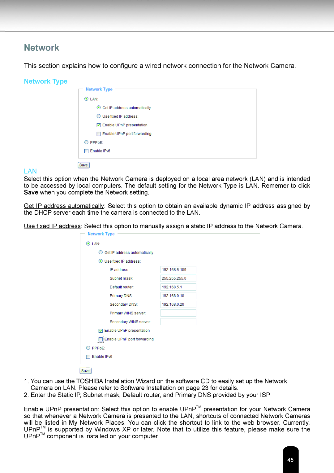 Toshiba IK-WB16A-W user manual Network Type 