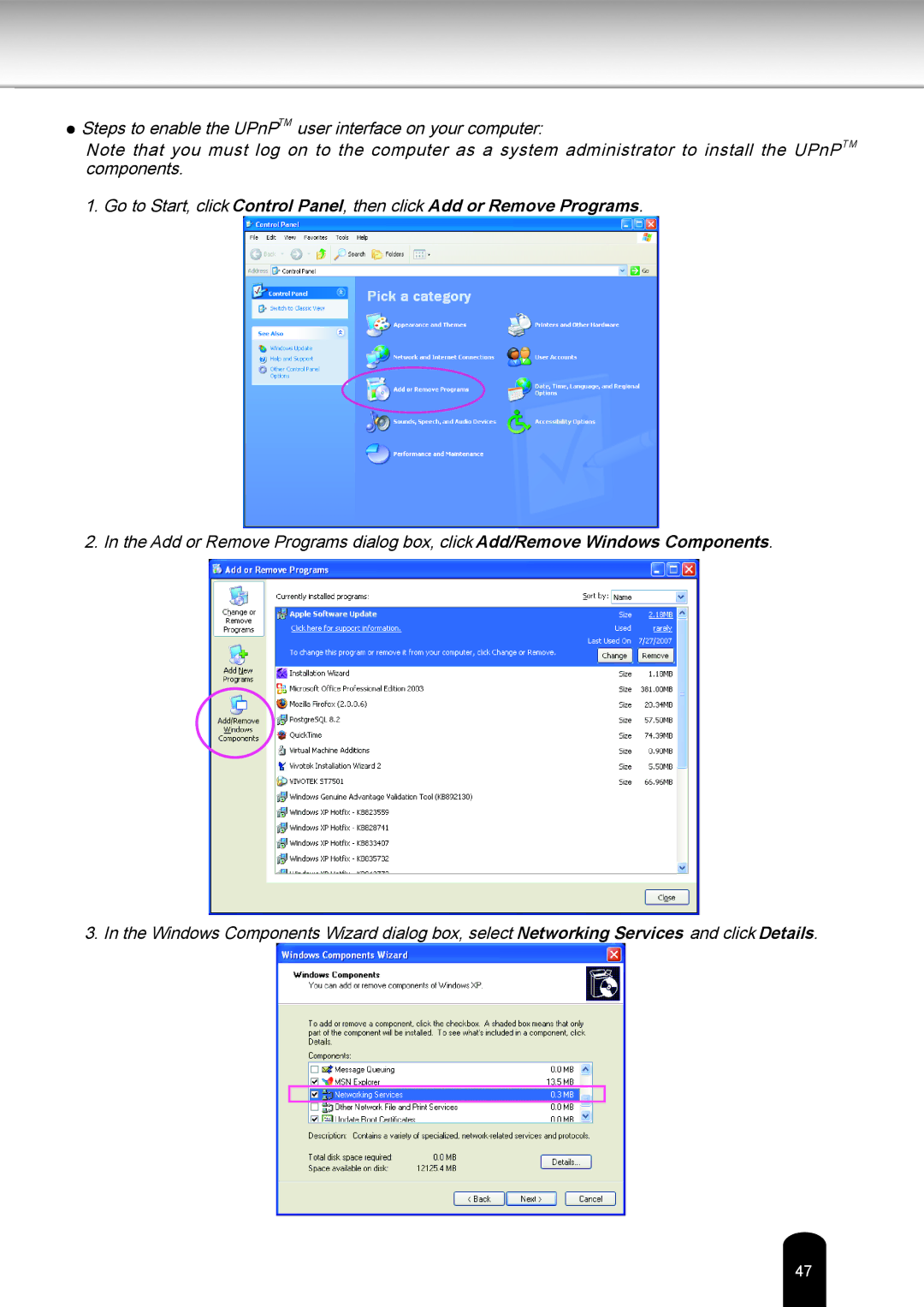 Toshiba IK-WB16A-W user manual Steps to enable the UPnPTM user interface on your computer 