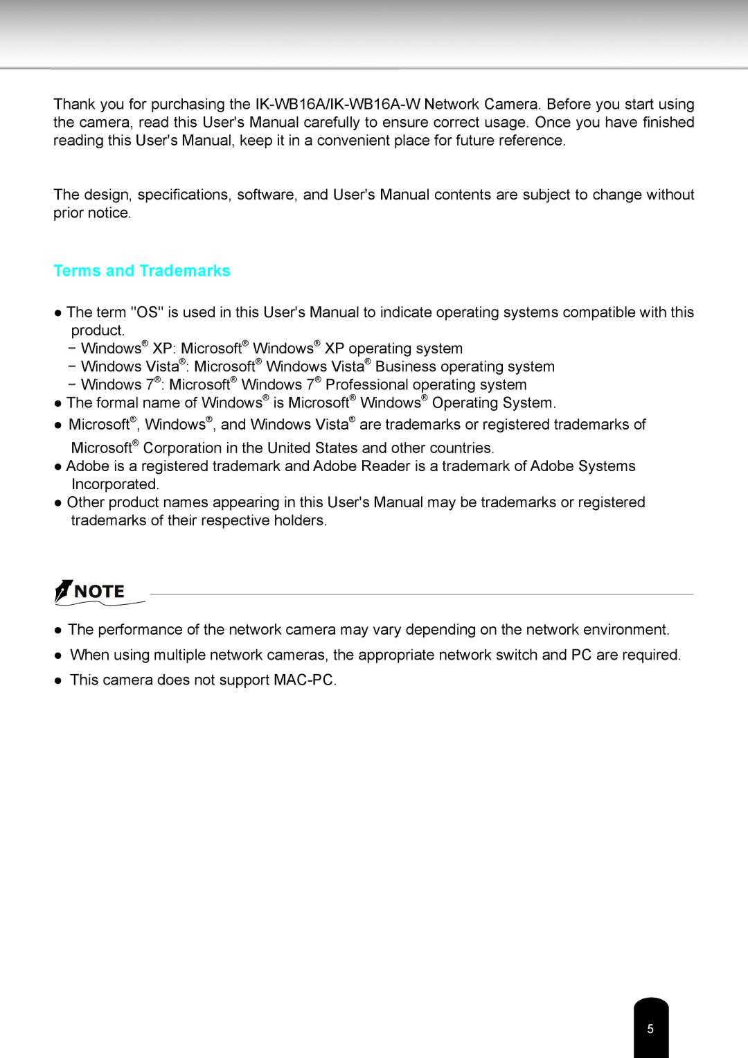 Toshiba IK-WB16A-W user manual Terms and Trademarks 