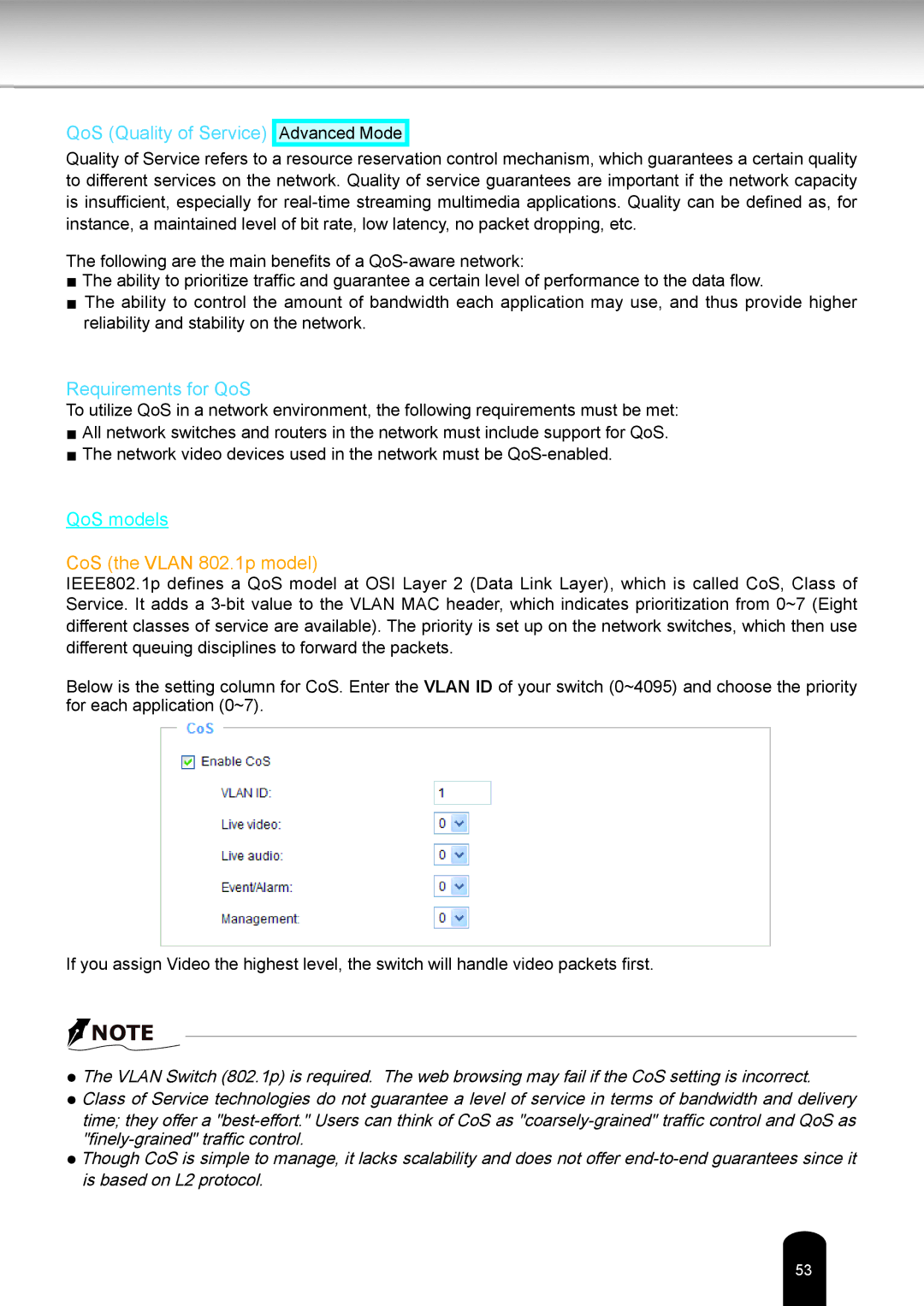 Toshiba IK-WB16A-W user manual CoS the Vlan 802.1p model 