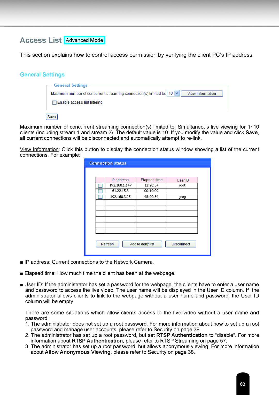 Toshiba IK-WB16A-W user manual Access List, General Settings 