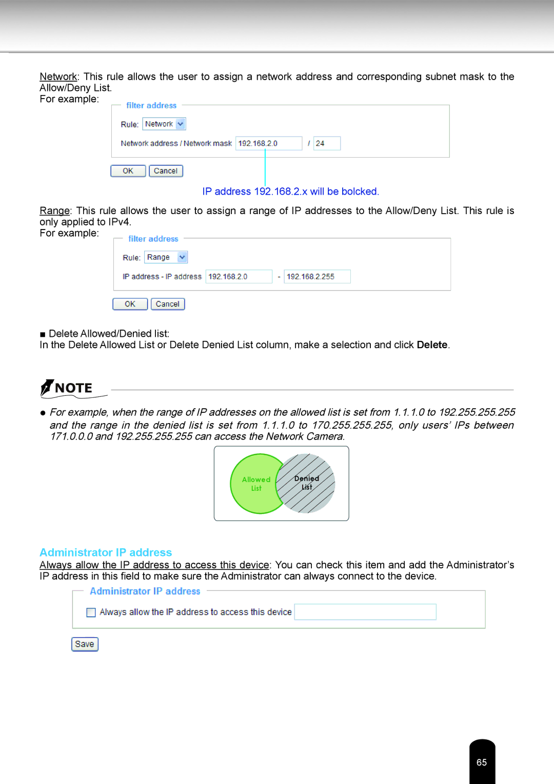 Toshiba IK-WB16A-W user manual Administrator IP address, IP address 192.168.2.x will be bolcked 