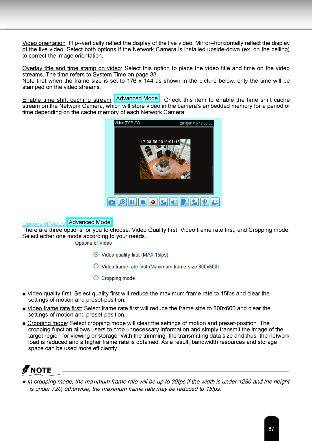 Toshiba IK-WB16A-W user manual Options of Video Advanced Mode 