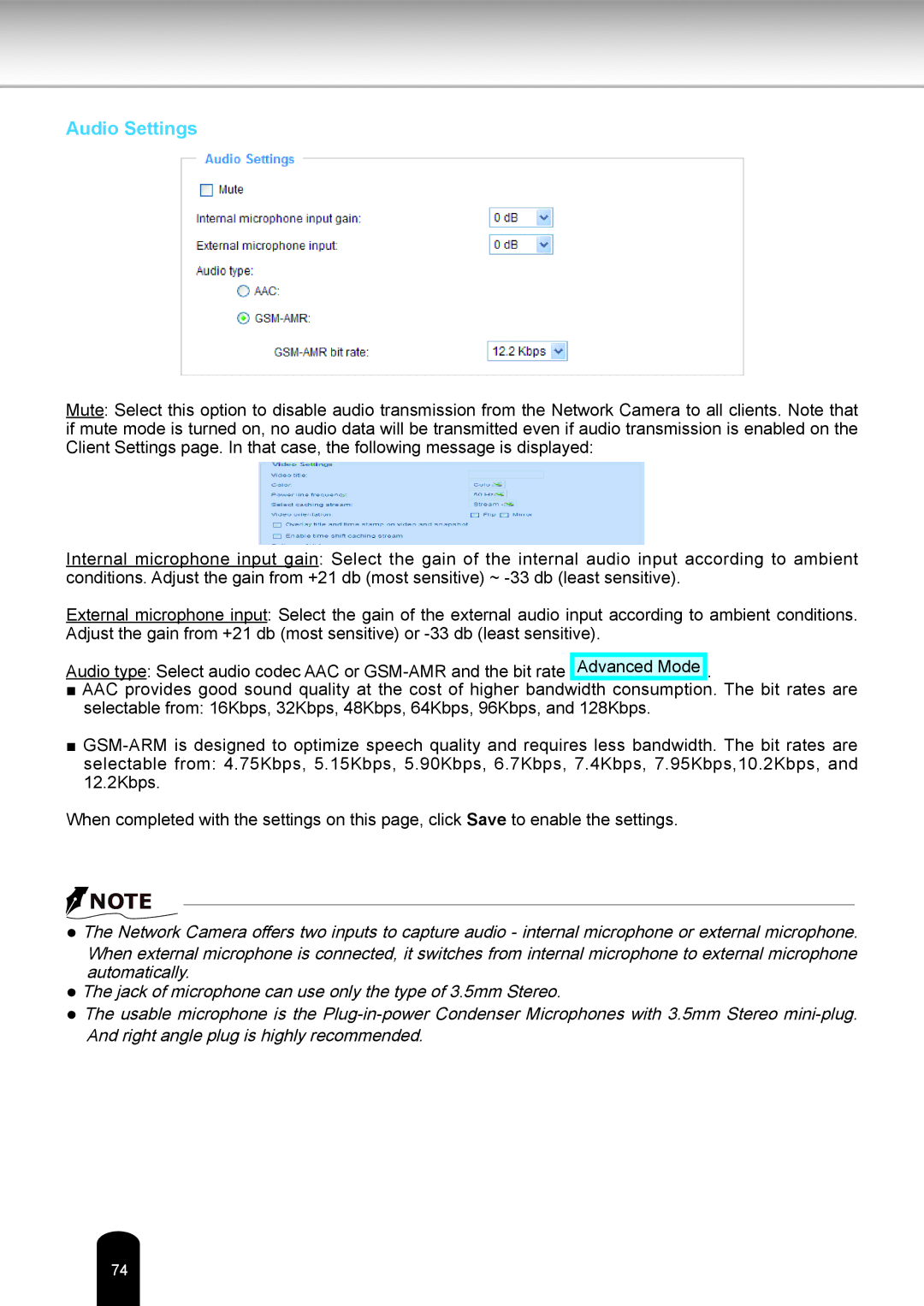 Toshiba IK-WB16A-W user manual Audio Settings 