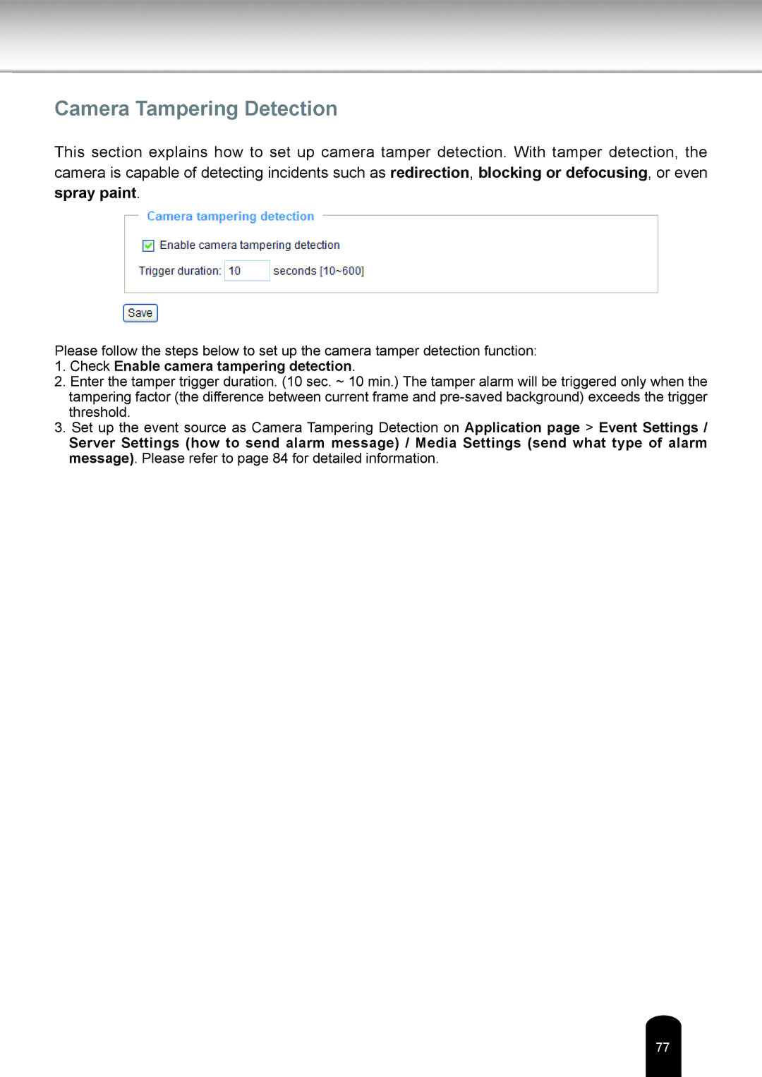 Toshiba IK-WB16A-W user manual Camera Tampering Detection, Check Enable camera tampering detection 