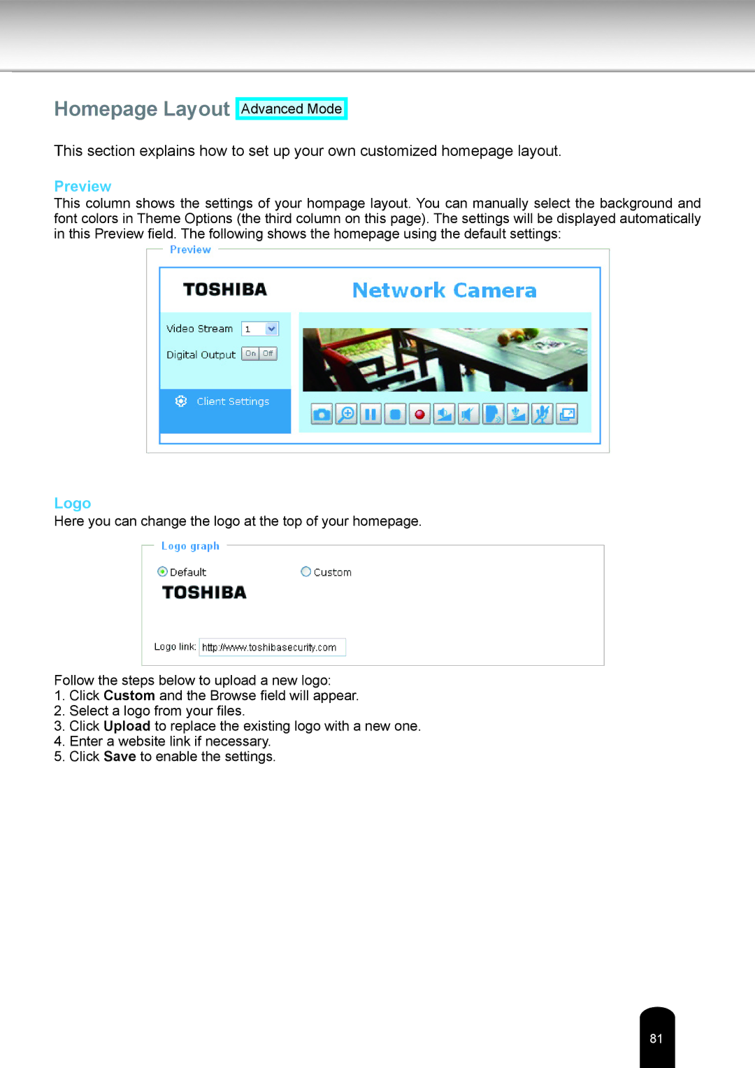 Toshiba IK-WB16A-W user manual Homepage Layout, Preview, Logo 