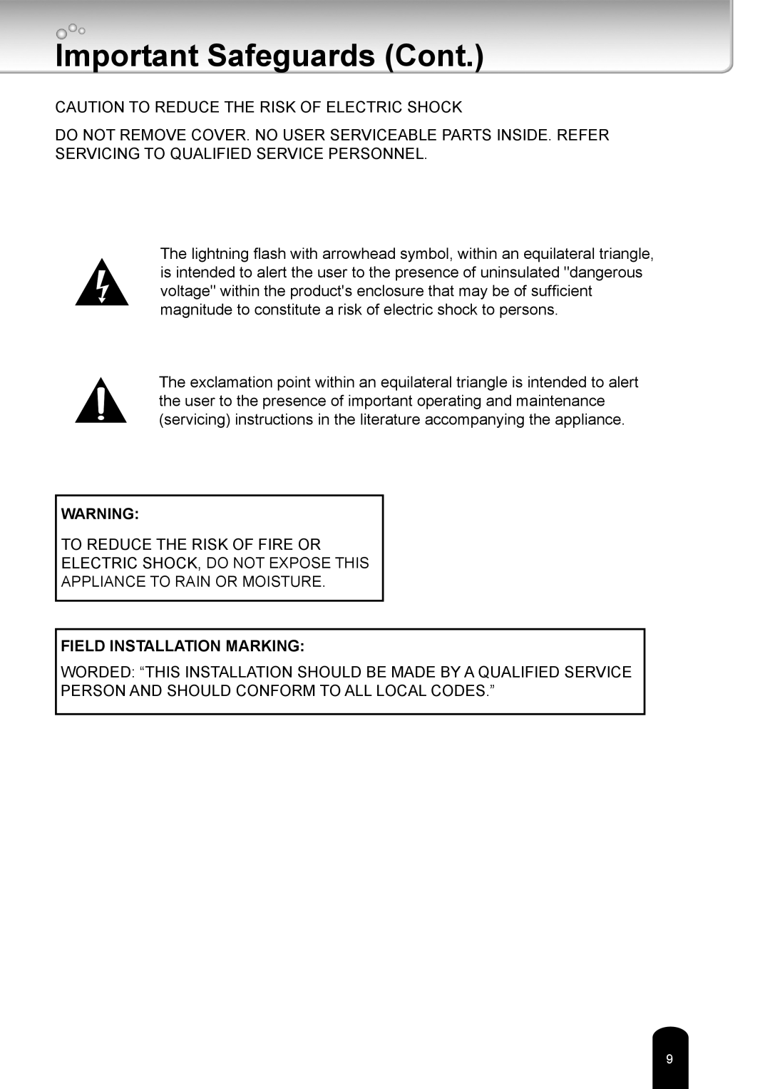 Toshiba IK-WB16A-W user manual Field Installation Marking 