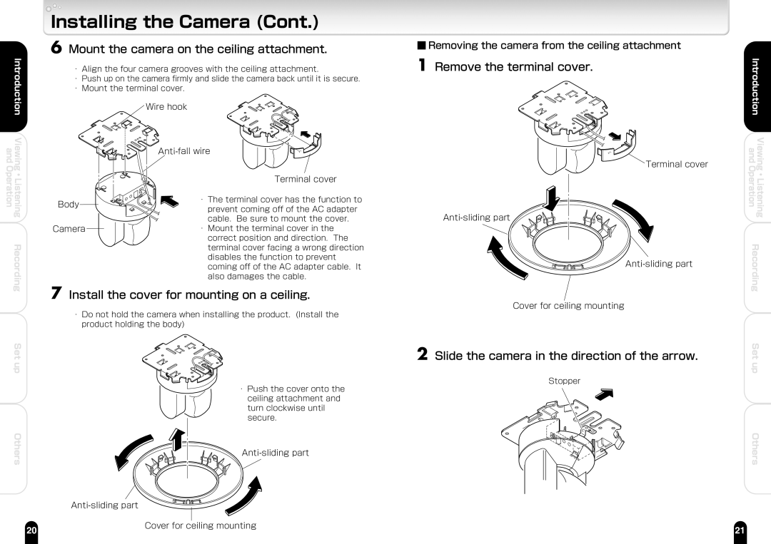 Toshiba IK-WB21A manual Mount the camera on the ceiling attachment, Install the cover for mounting on a ceiling 