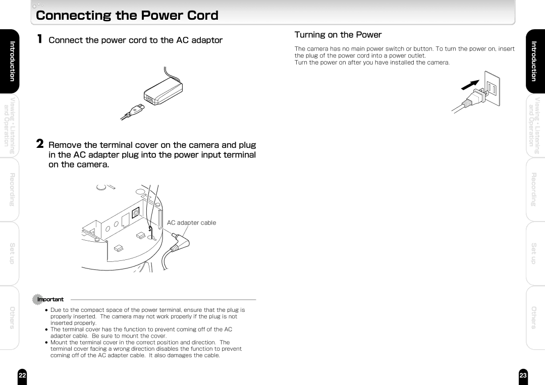 Toshiba IK-WB21A manual Connecting the Power Cord, Turning on the Power 