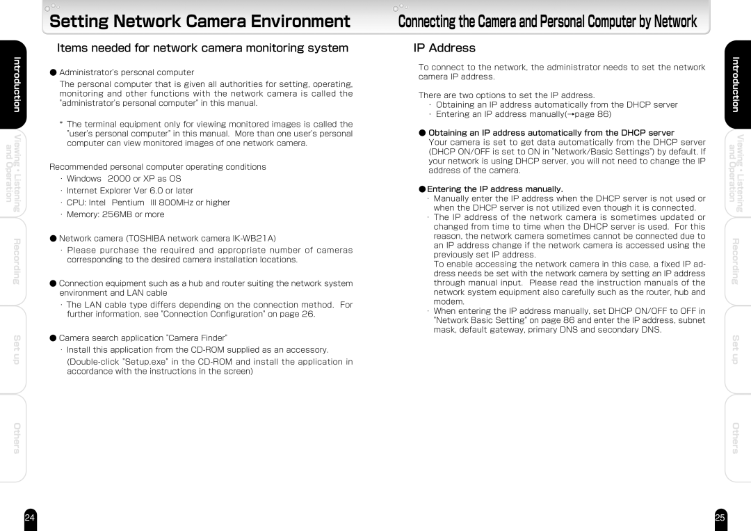 Toshiba IK-WB21A manual Items needed for network camera monitoring system, IP Address 