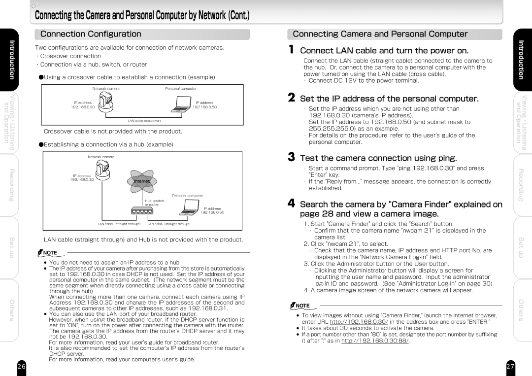 Toshiba IK-WB21A manual Connection Configuration, Set the IP address of the personal computer 