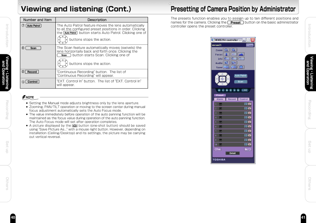 Toshiba IK-WB21A manual Presetting of Camera Position by Administrator 