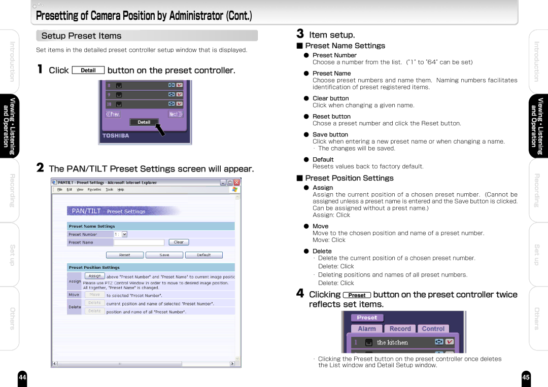 Toshiba IK-WB21A manual Setup Preset Items, Preset Name Settings, Preset Position Settings 