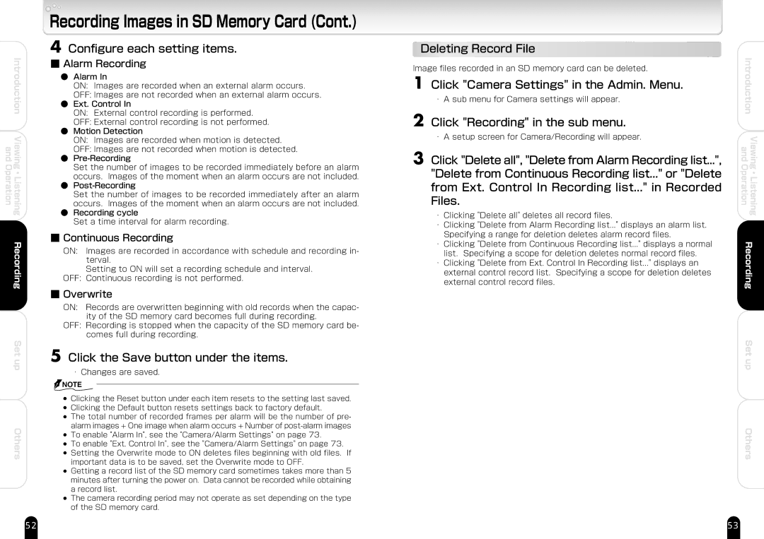 Toshiba IK-WB21A manual Configure each setting items, Click the Save button under the items, Deleting Record File 