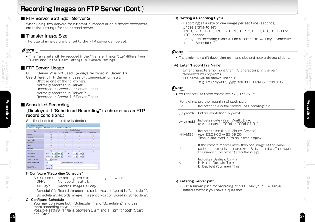 Toshiba IK-WB21A manual Transfer Image Size, FTP Server Usage, Scheduled Recording, Record conditions 