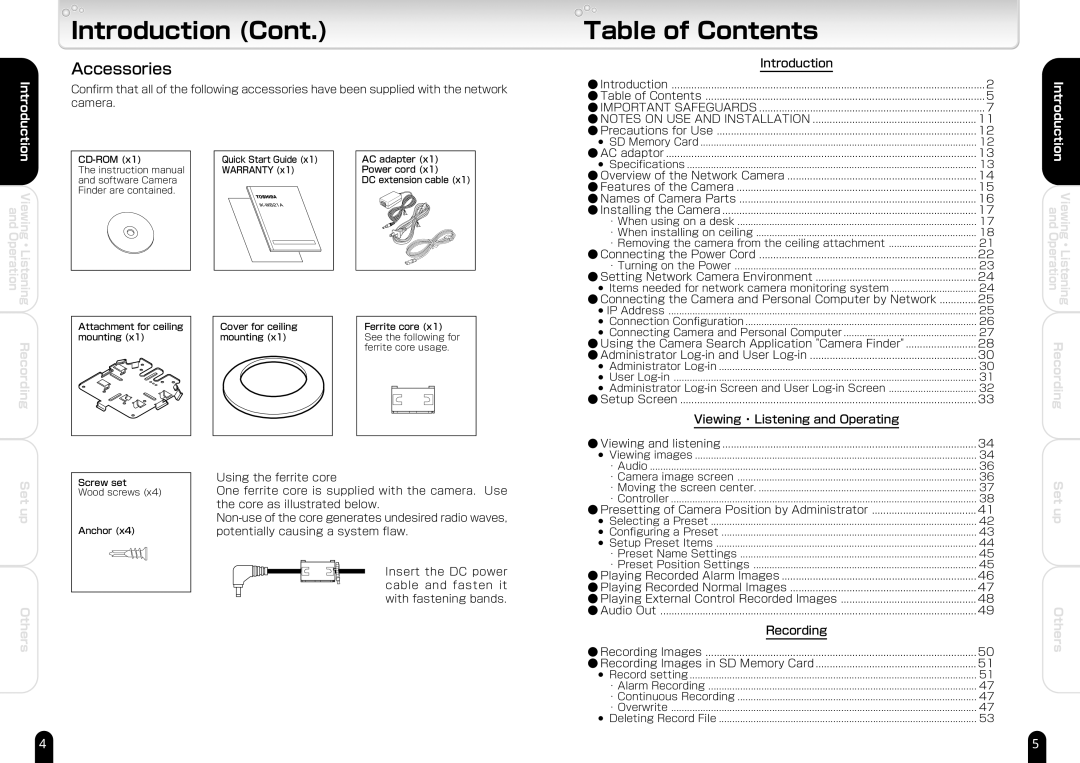 Toshiba IK-WB21A manual Table of Contents 