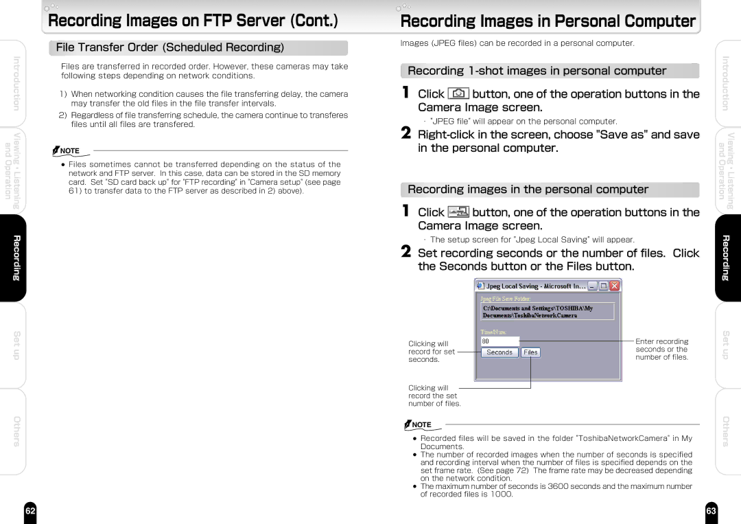 Toshiba IK-WB21A manual File Transfer Order Scheduled Recording, Images Jpeg files can be recorded in a personal computer 