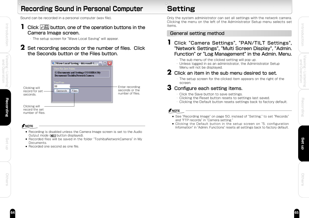 Toshiba IK-WB21A manual Setting, Click an item in the sub menu desired to set 